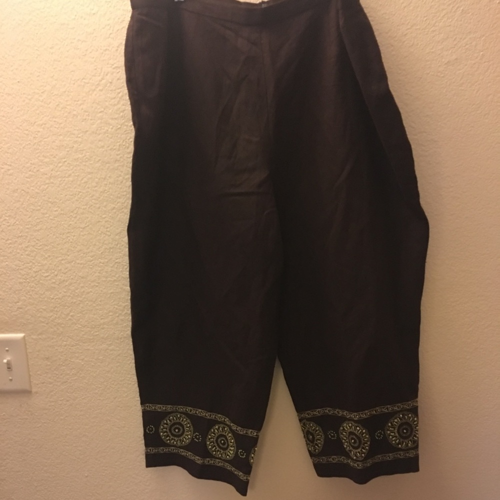 Brown capris w/ green/cream w/ beaded detail